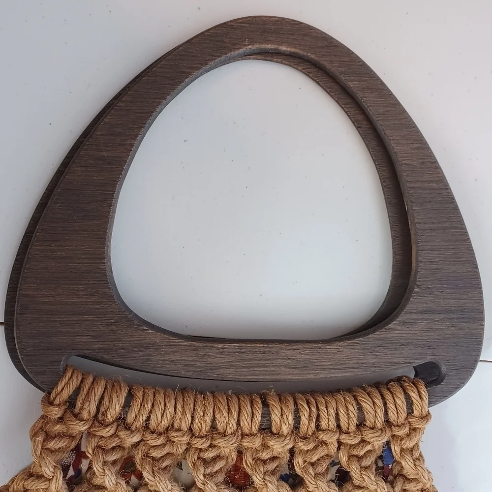 Vintage Boho Macrame Beaded Natural Wood Handbag